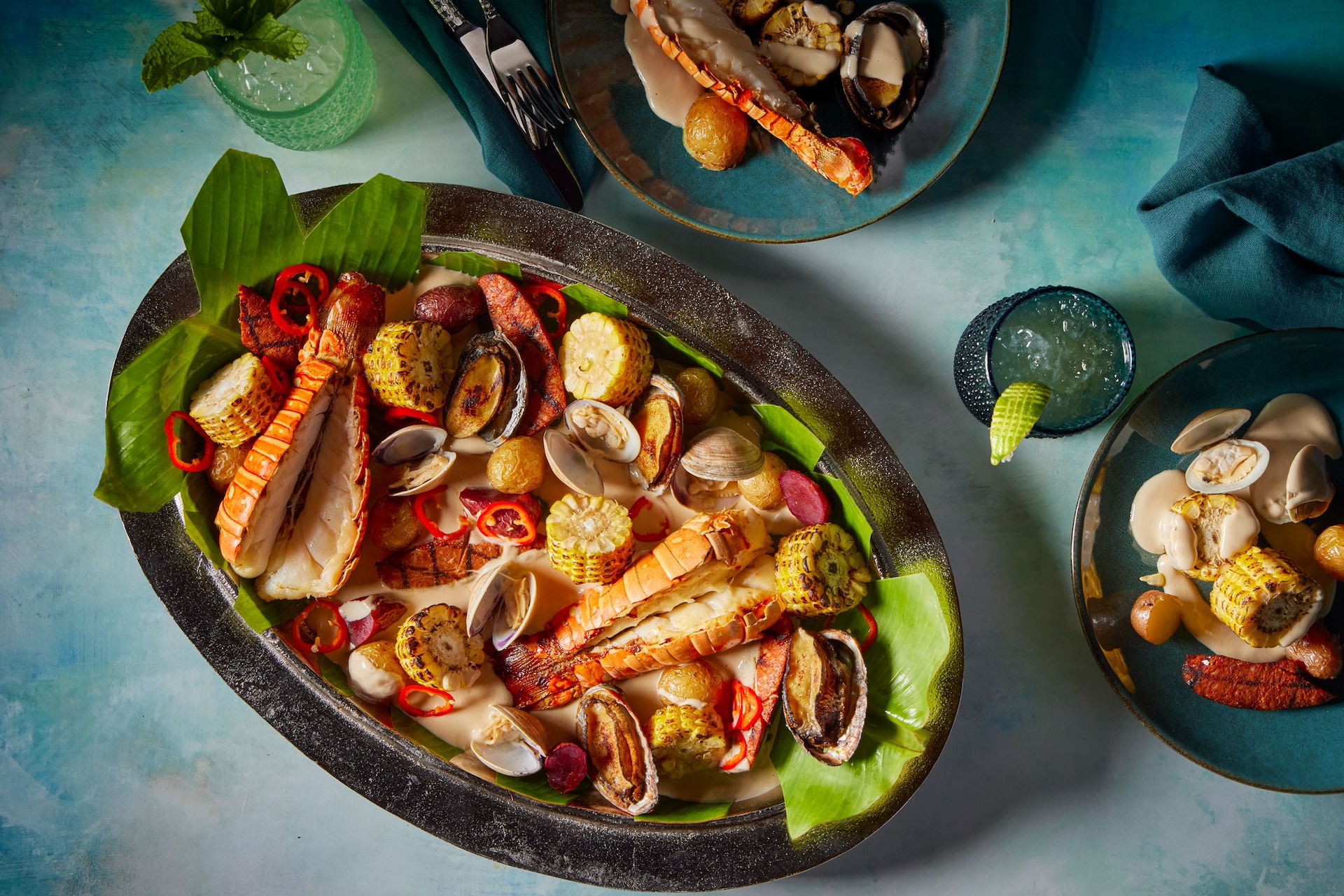 A colorful seafood and corn dish