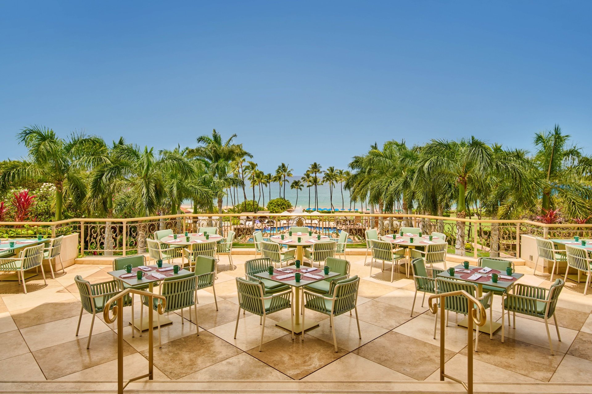 A dining terrace look out on the ocean