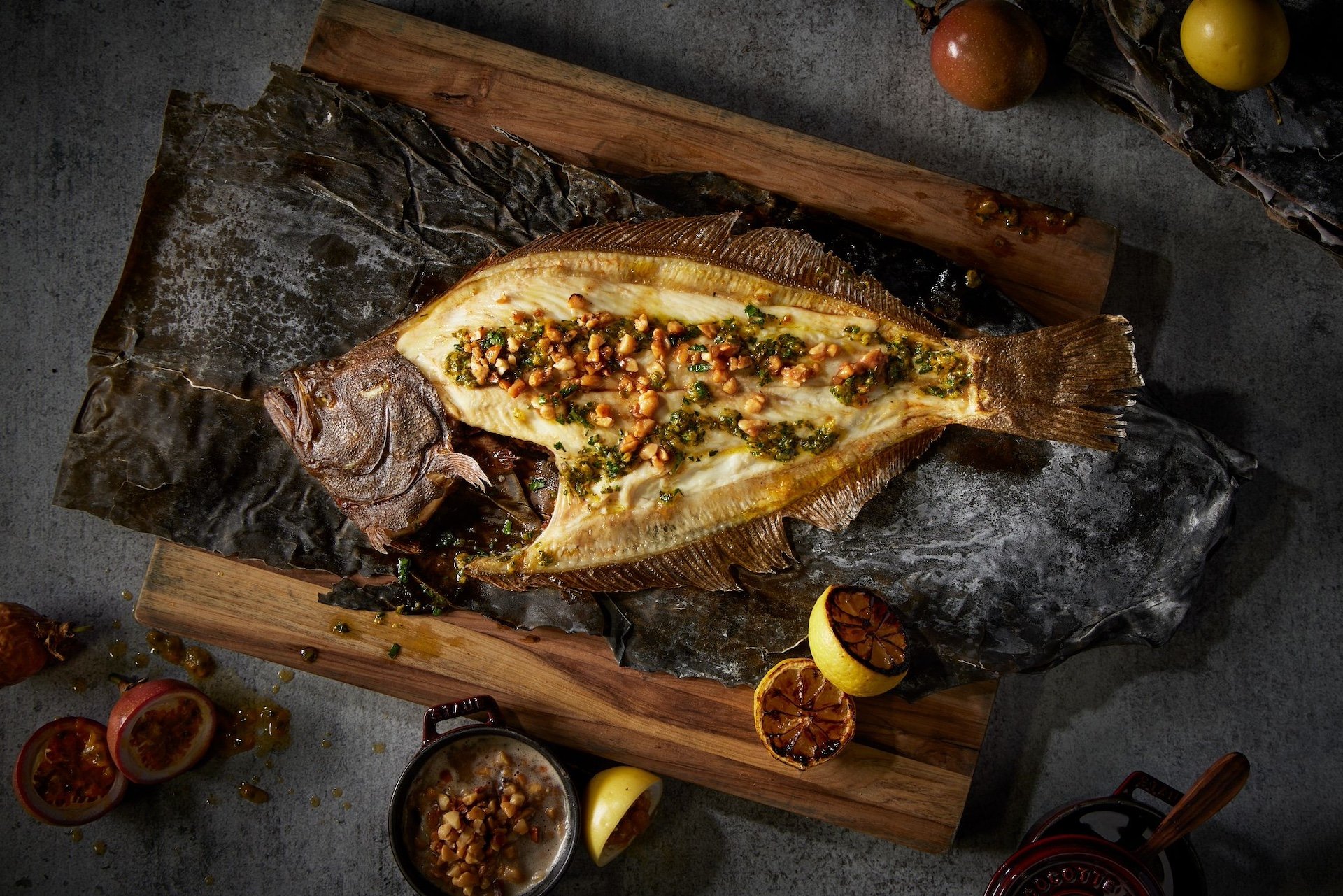 A whole fish, stuffed with nuts