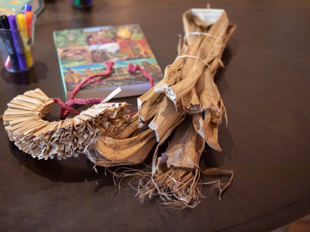 Some woven hala strands on a table