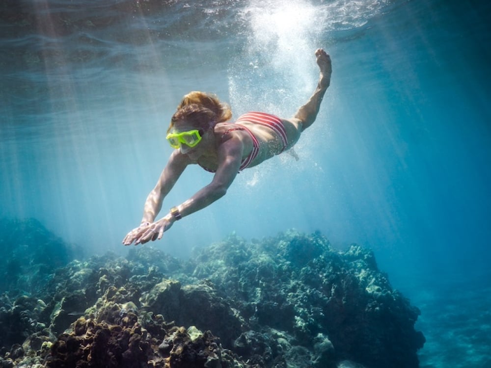 A child scuba diving near coral