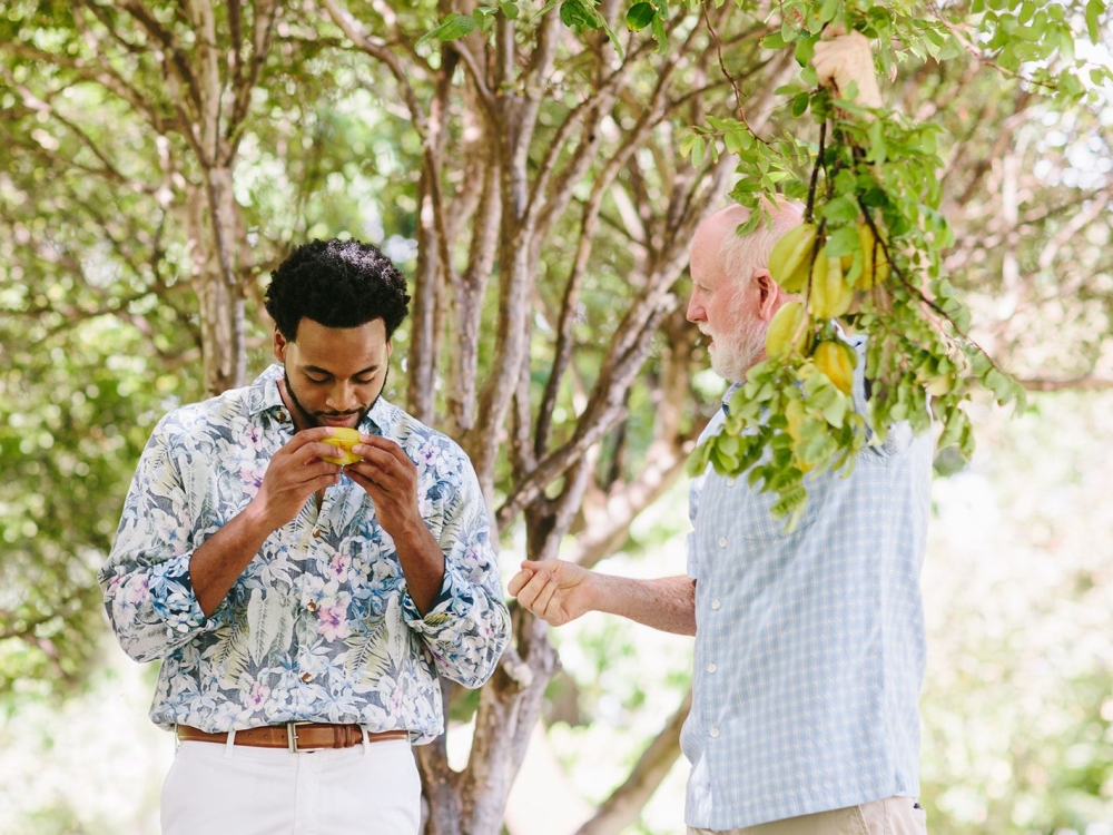 A man smells fruit freshly plucked from a tree in a Hawaiian orchard