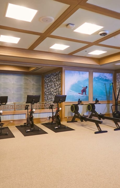 a well-lit interior of a gym with cardio machines and weights with a man uses a rope to workout