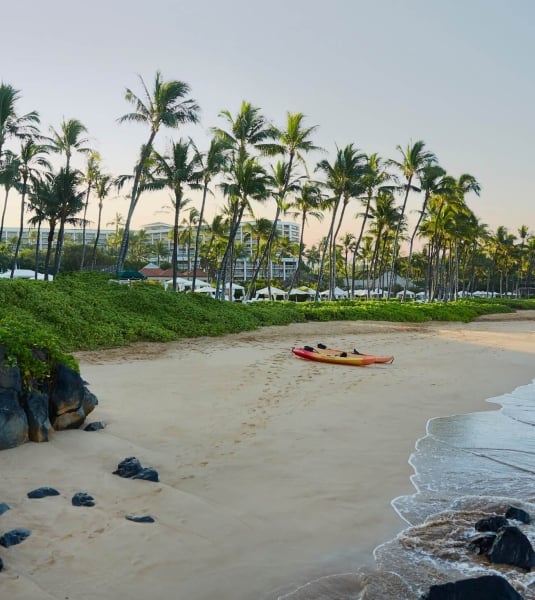 a kayak sits on an empty beach with waves on the sand and palm trees in the background