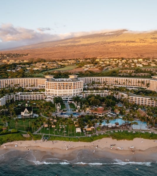 An aerial view of the resort from the coastline