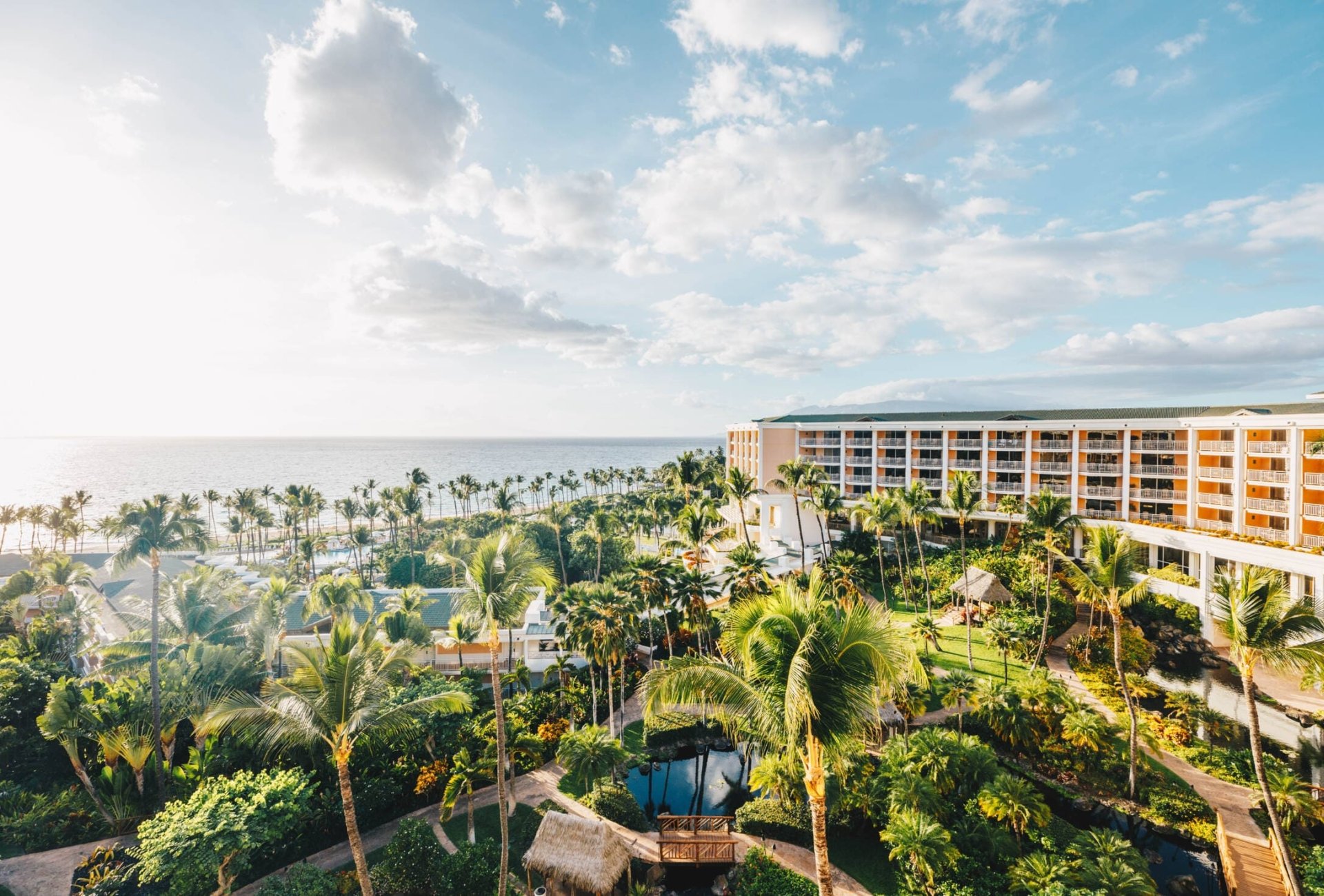 an aerial view of the Grand Wailea resort with a cloudy blue sky and green palm trees in the foreground