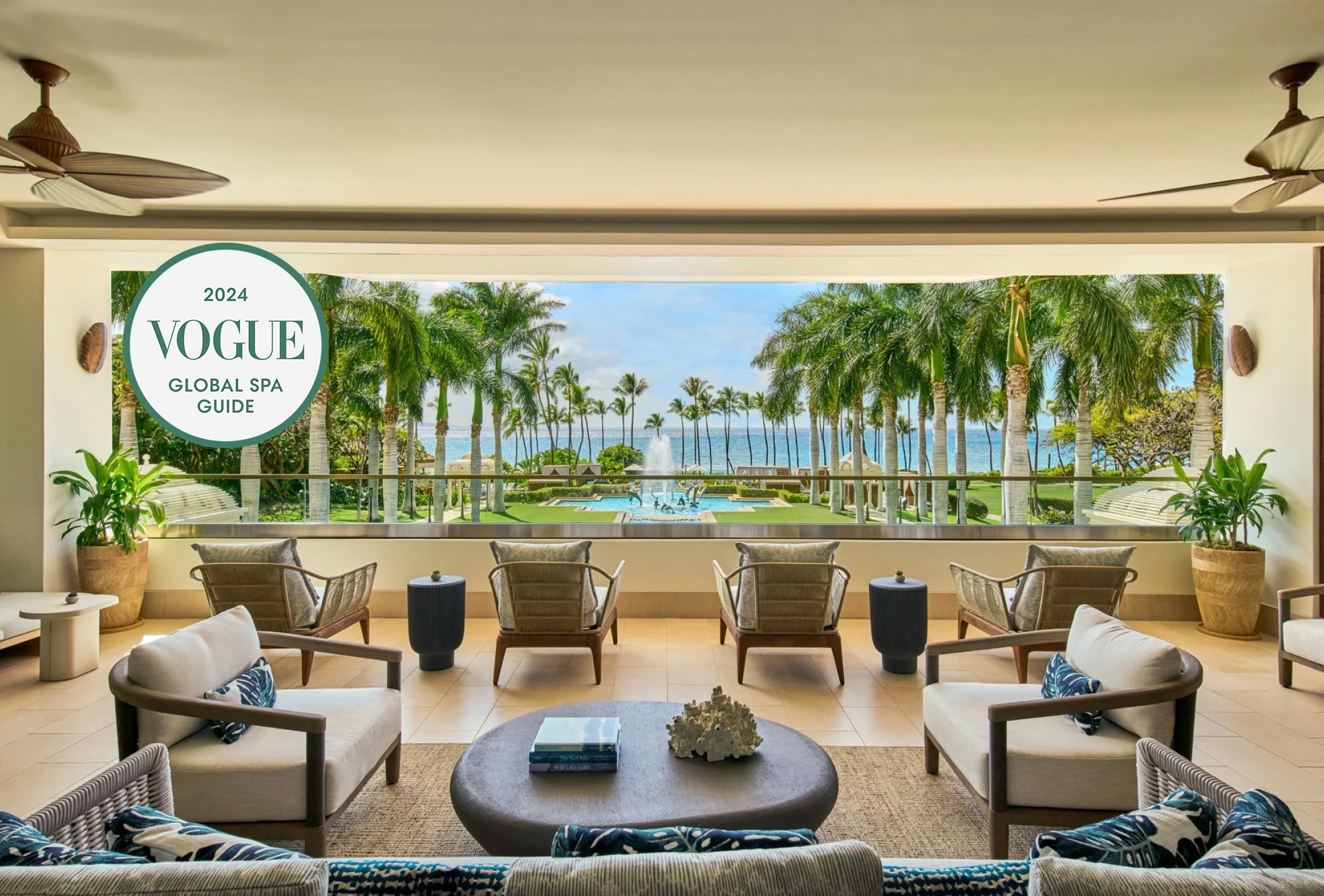 This is a beautiful image, showcasing the relaxing reflections lounge at the Grand Wailea hotel, overlooking the resort and the sea. 