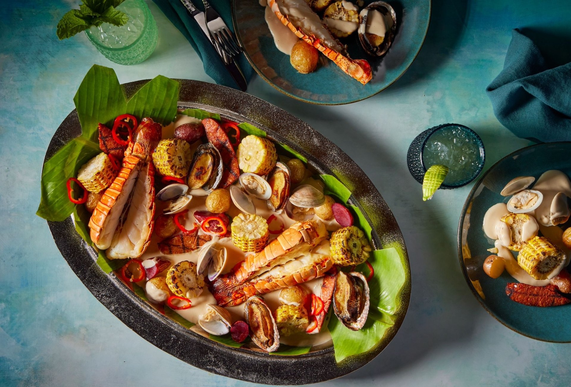 A colorful seafood and corn dish