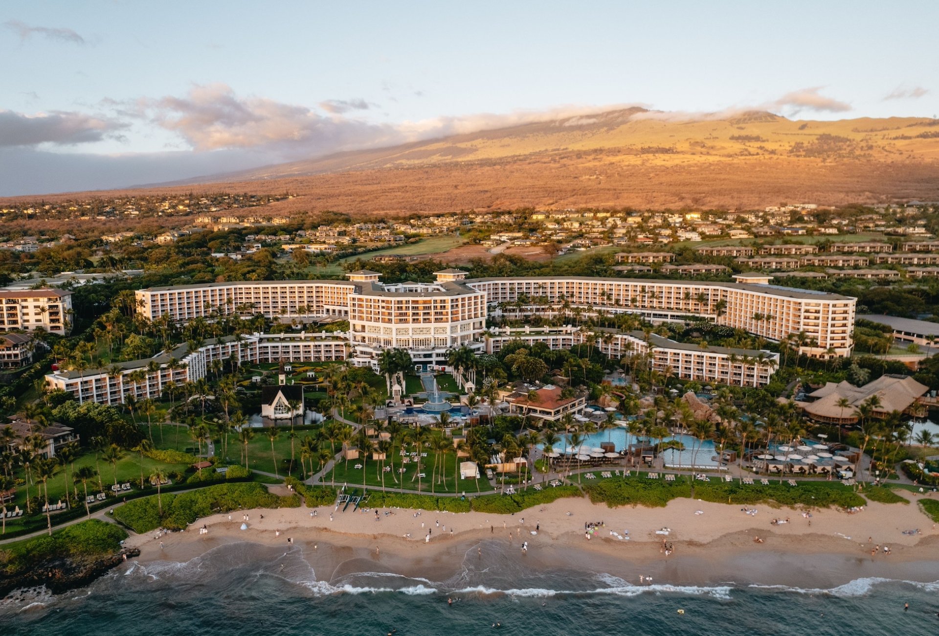 An aerial view of the resort from the coastline